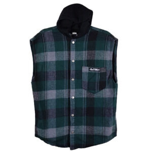 Surf Style Interplanetary Body Gear Green Windowpane Plaid Hooded Snap Up Vest